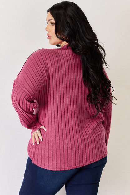 Basic Bae Ribbed Half Button Long Sleeve High-Low T-Shirt