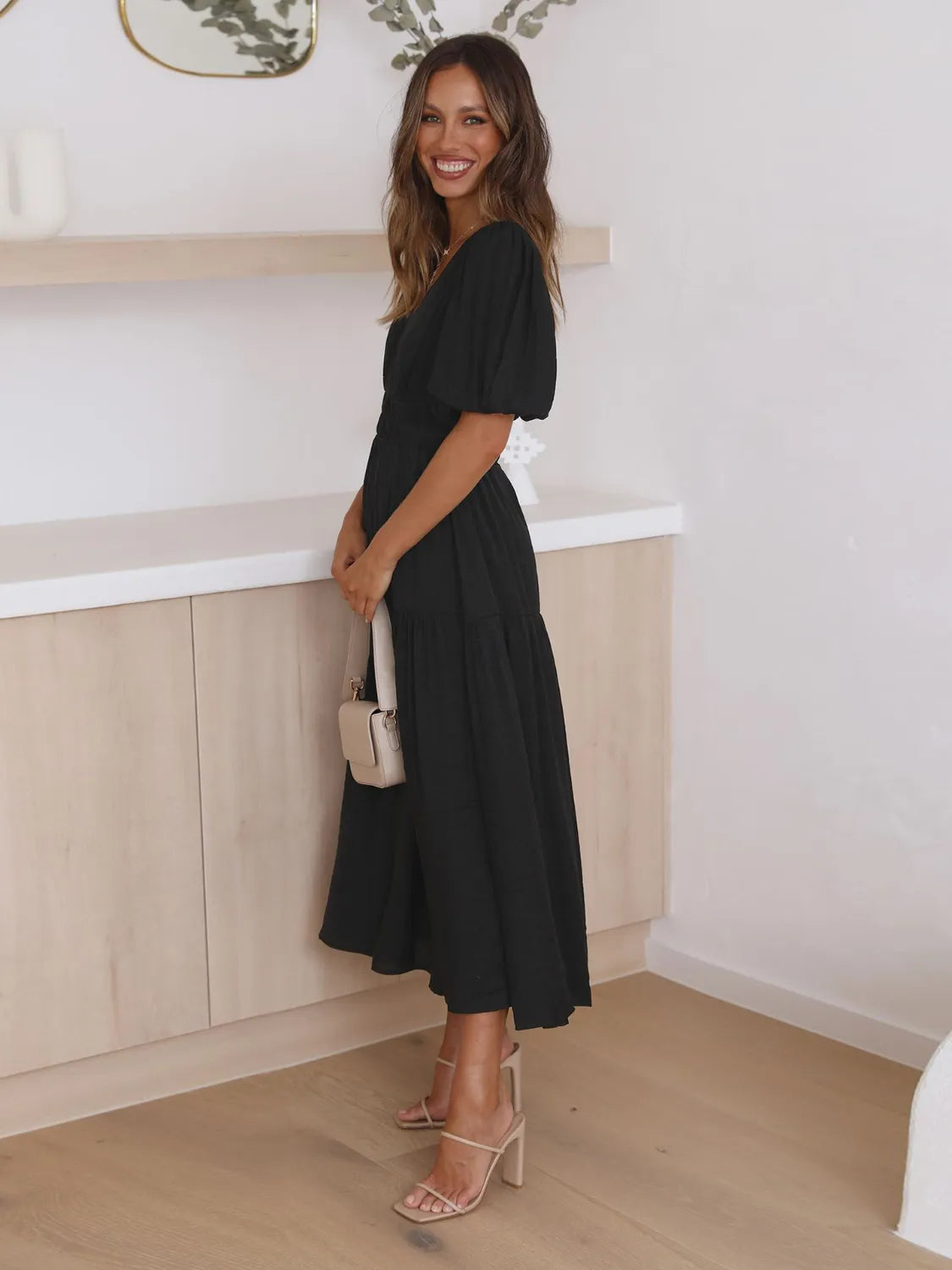 Tiered Surplice Midi Dress with Half Sleeves