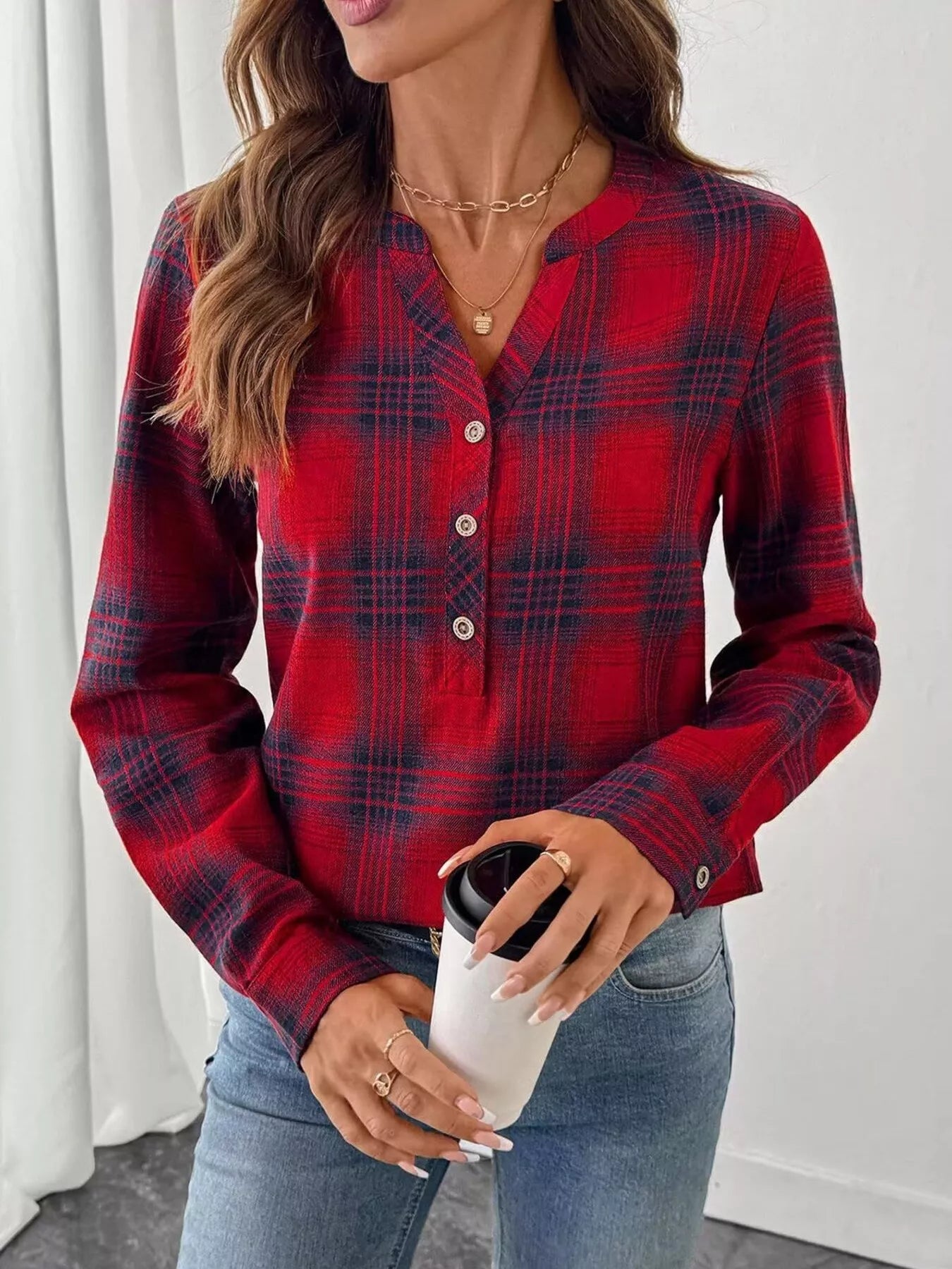 Classic Plaid Half Button Long Sleeve Blouse