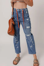 Distressed Splatter Paint Cropped Straight Jeans with Drawstring Waist