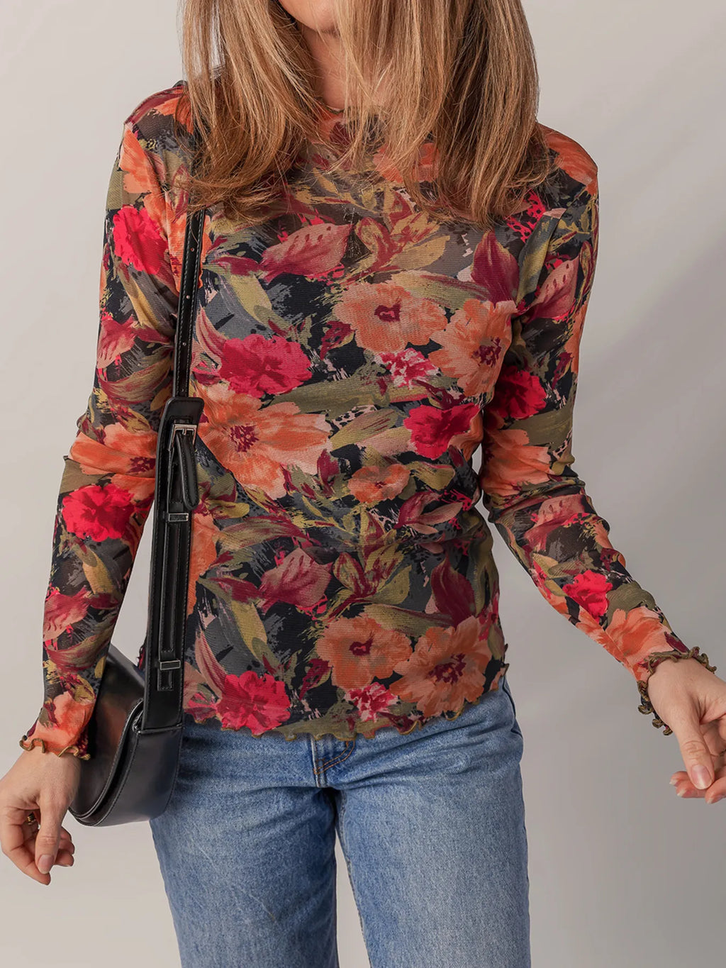 Floral Print Mesh Top with Lettuce Trim Floral