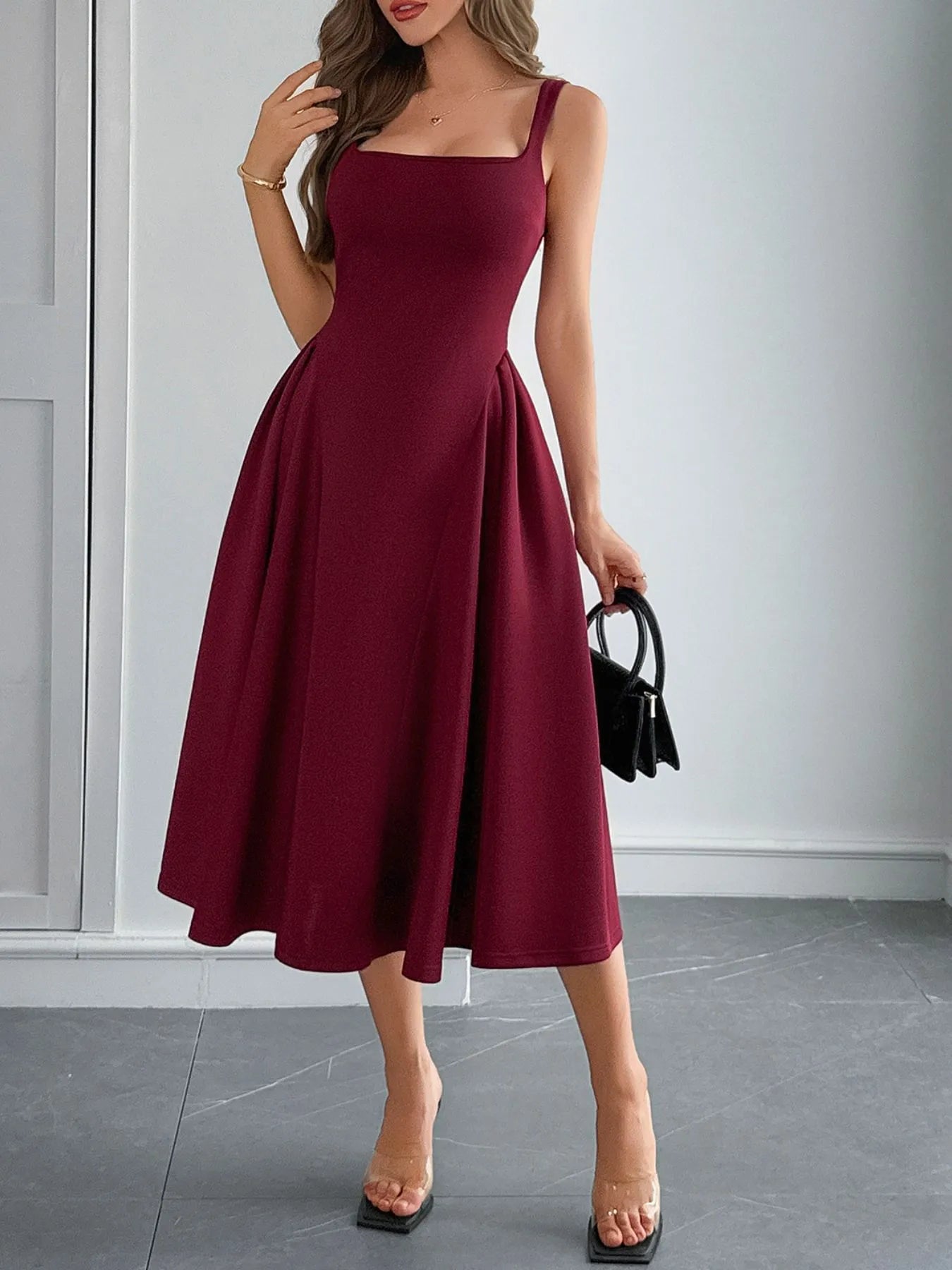 Square Neck Wide Strap Midi Dress