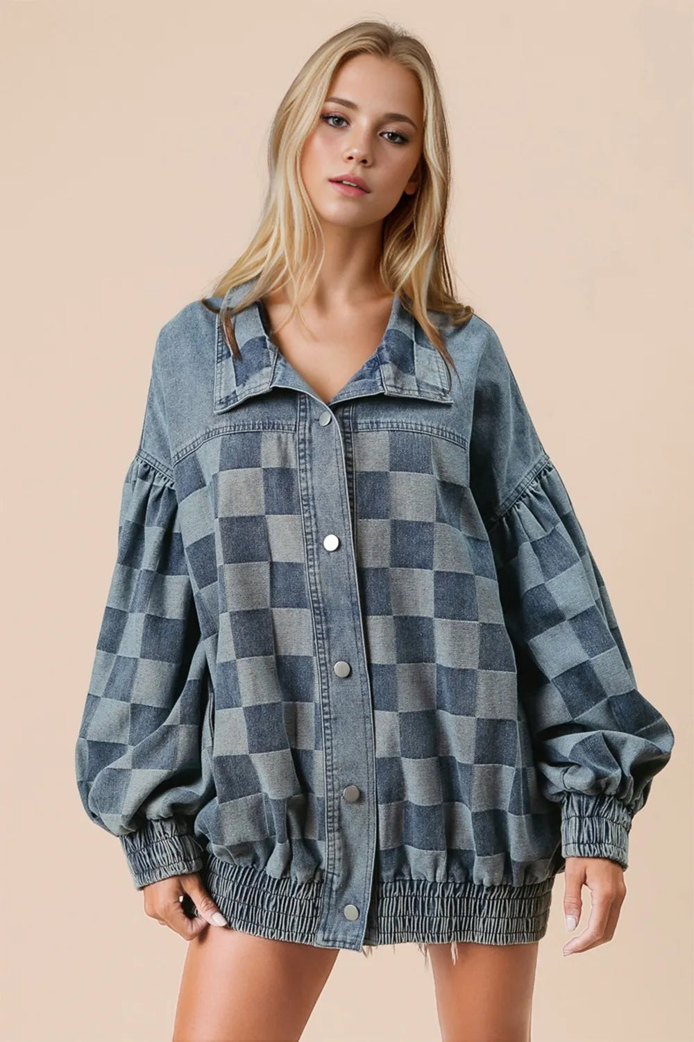 Double Take Checkered Button Up Denim Jacket Medium Blue