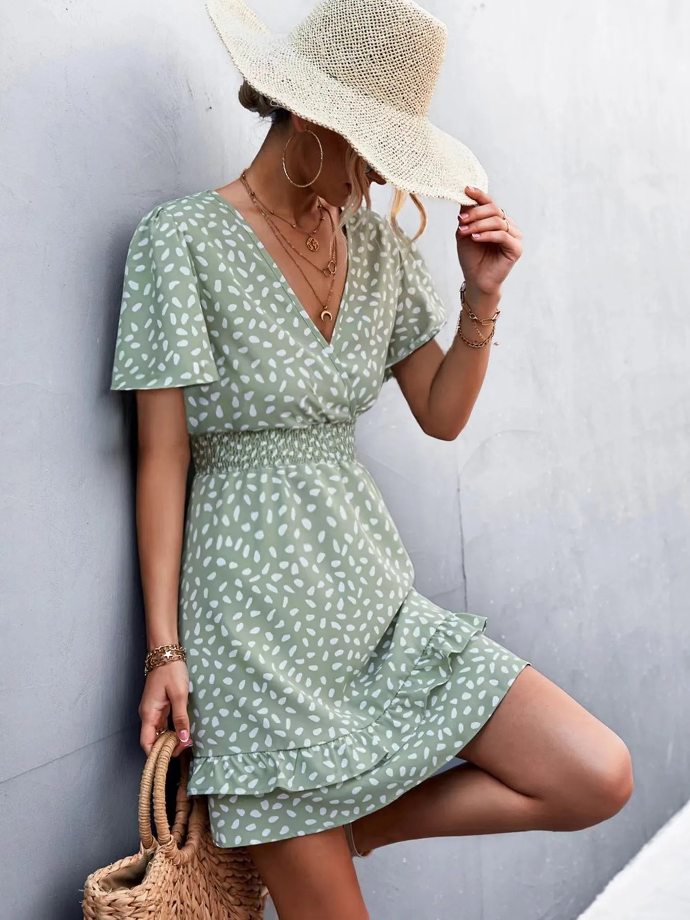 V-Neck Flutter Sleeve Mini Dress Turquoise