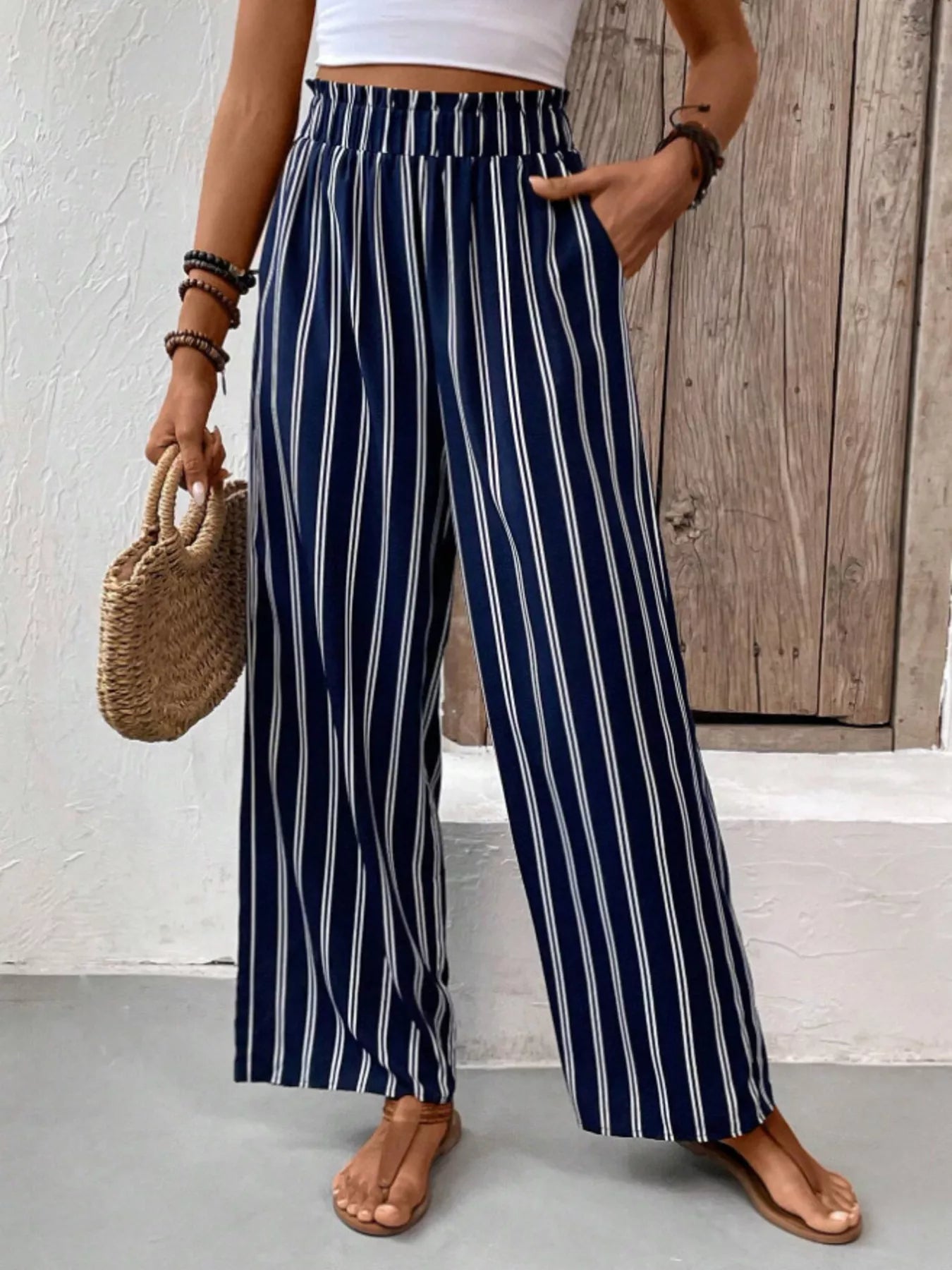 Plus Size Striped High Waist Wide Leg Cotton Pants with Pockets