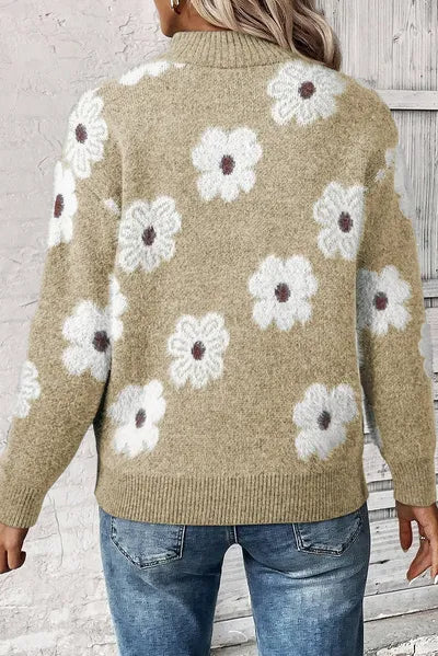 Floral Half-Zip Long Sleeve Knit Sweater