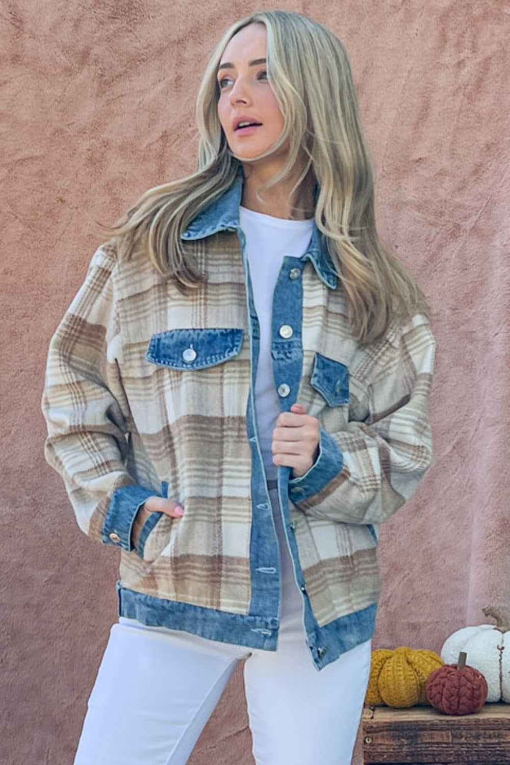 Full Size Washed Denim Detail Brushed Plaid Jacket Multi