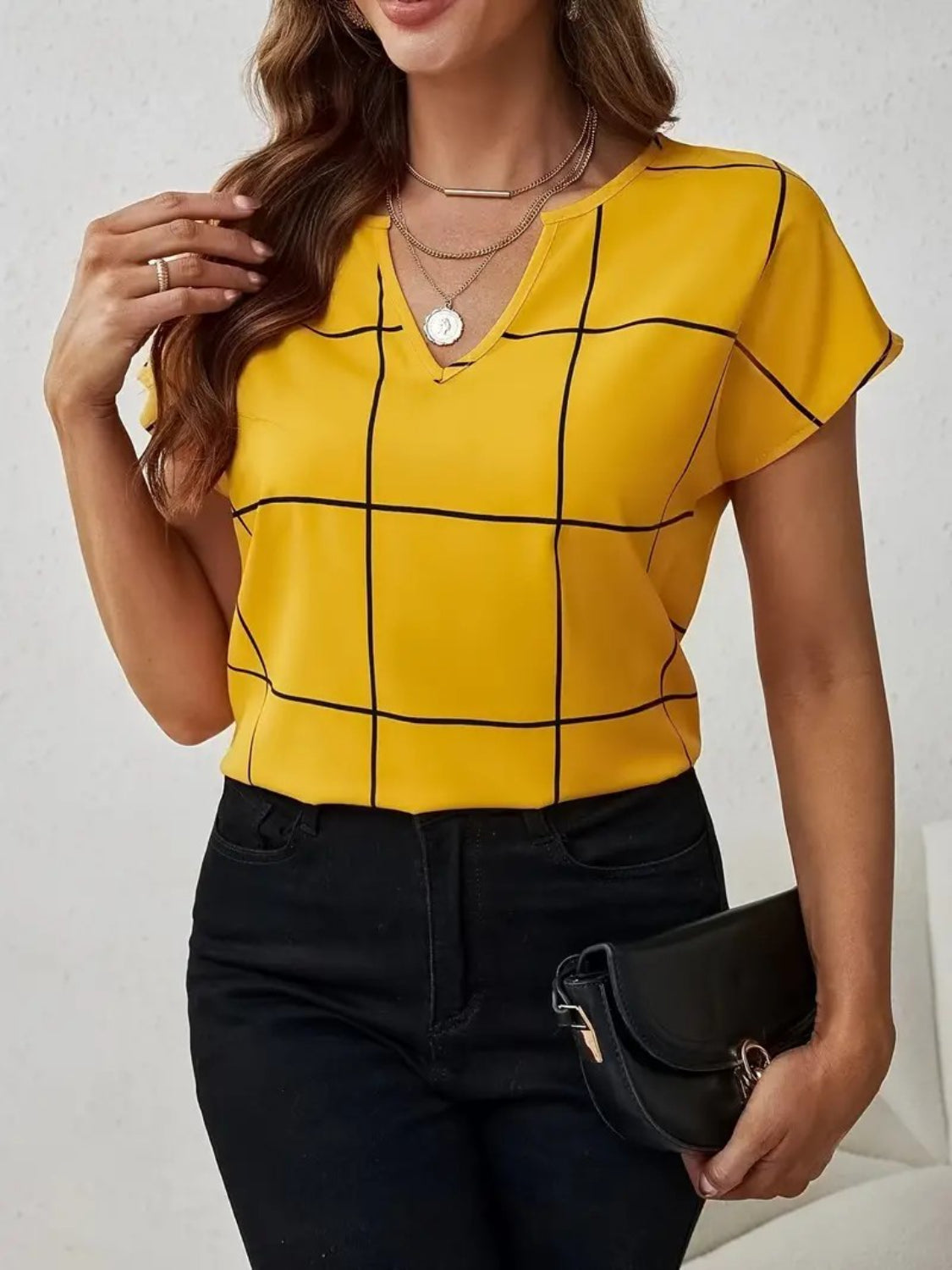 Plaid Contrast Notched Blouse – Stylish & Chic