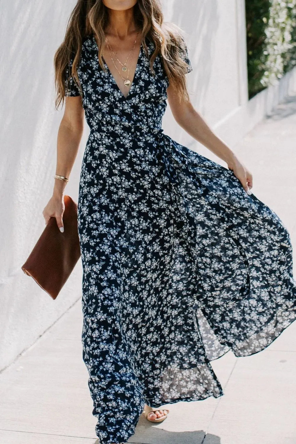 Floral Surplice Dress with Tie Waist and Side Slit