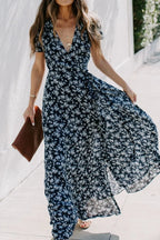 Floral Surplice Dress with Tie Waist and Side Slit