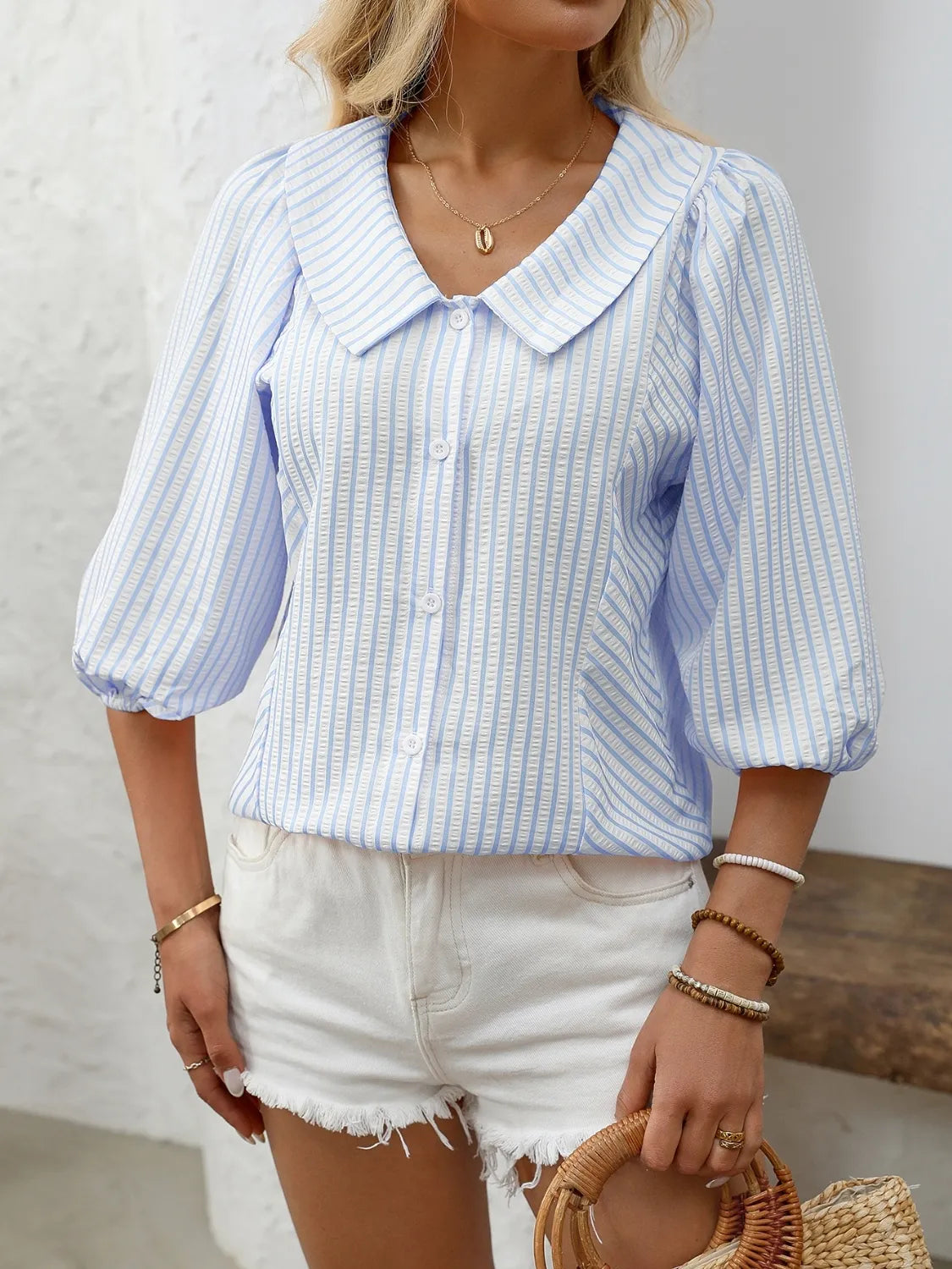 UrbanLine Striped Button Down Shirt - 3/4 Sleeve Style