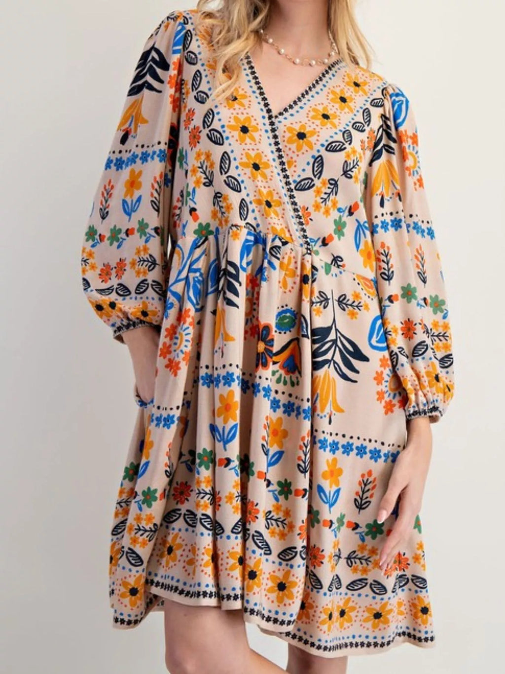 Bohemian Floral Print Ruched Long Sleeve Pocketed Mini Dress