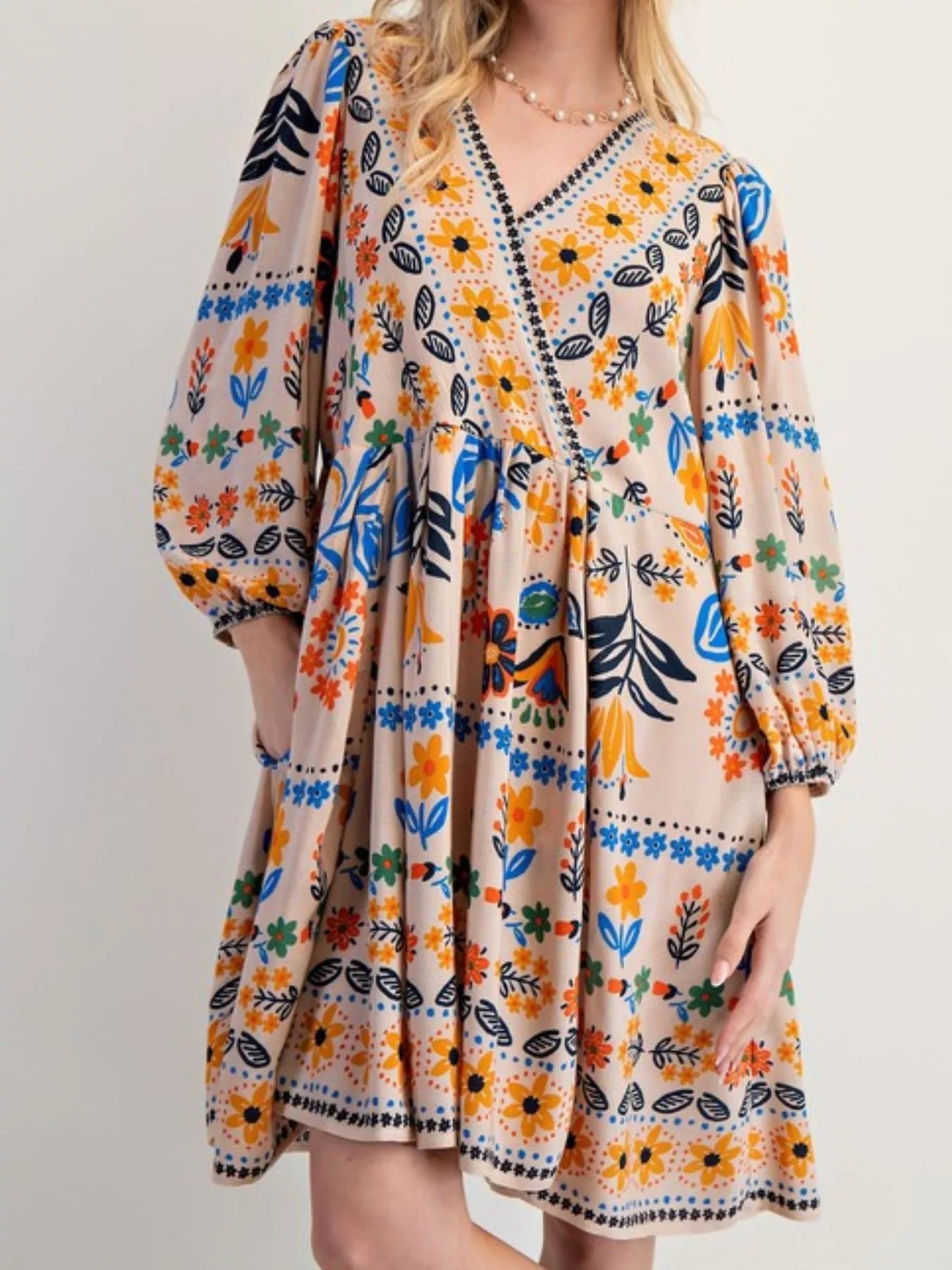 Bohemian Floral Print Ruched Long Sleeve Pocketed Mini Dress