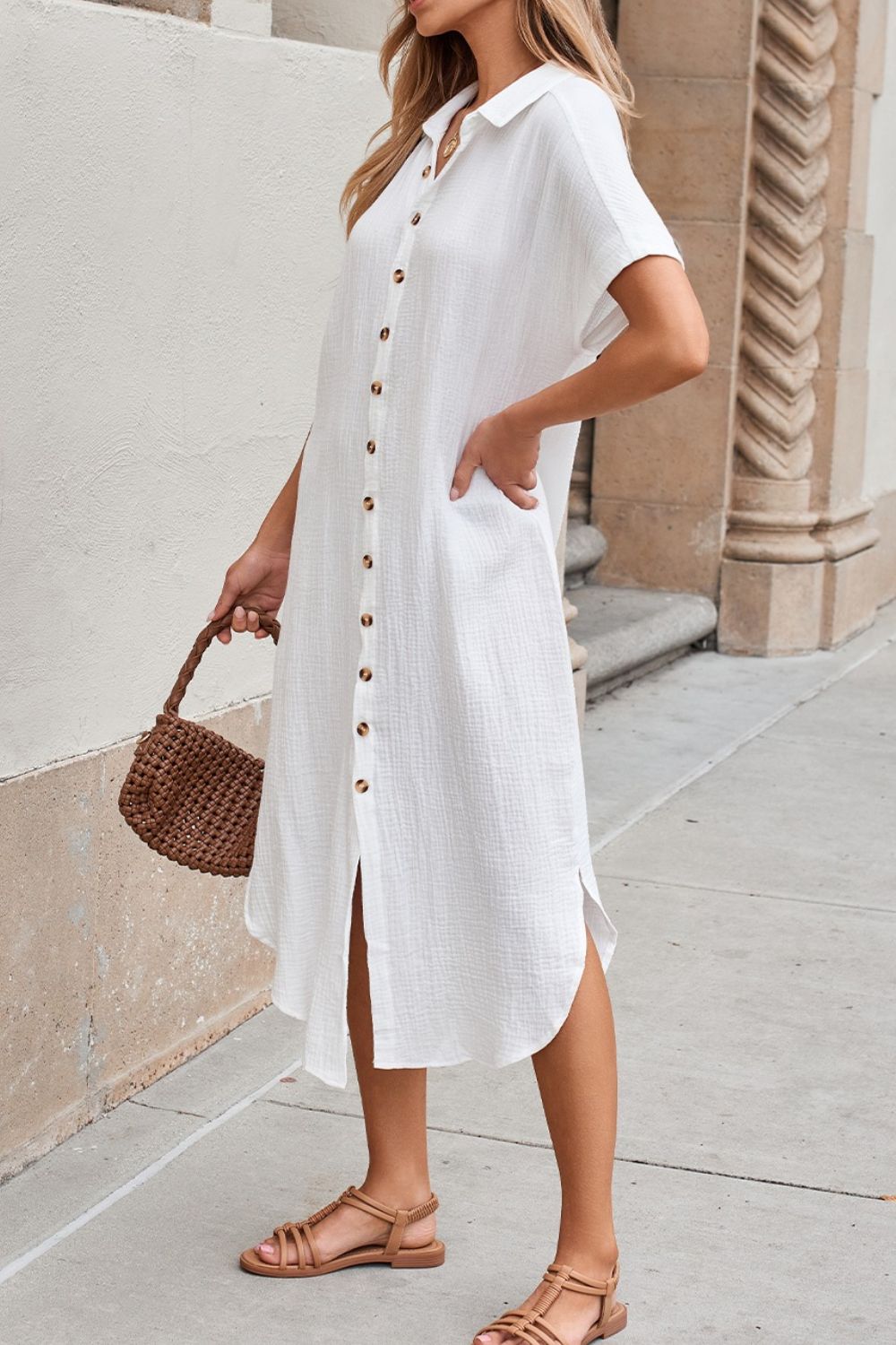 Button Down Short Sleeve Midi Shirt Dress - Elegant & Versatile
