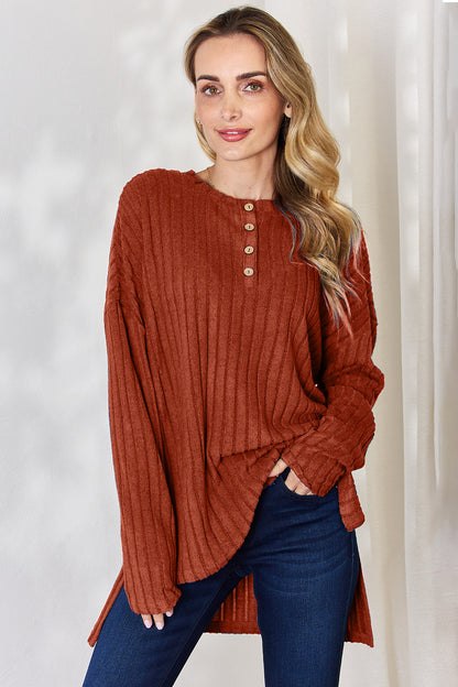 Basic Bae Ribbed Half Button Long Sleeve High-Low T-Shirt Rust