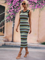 CoastEase Striped Sleeveless Round Neck Cover-Up Midi Dress
