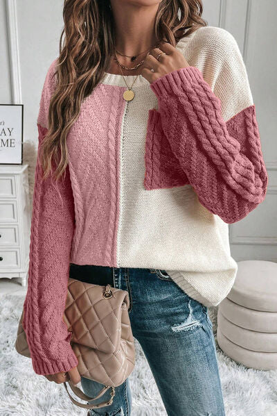 Color Block Pocketed Round Neck Sweater