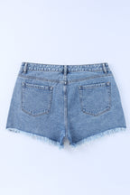 High-Rise Crossover Waist Denim Shorts - Distressed & Stylish