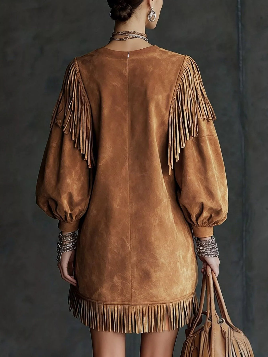 Statement Suede Fringe Lantern Sleeve Mini Dress