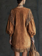 Statement Suede Fringe Lantern Sleeve Mini Dress