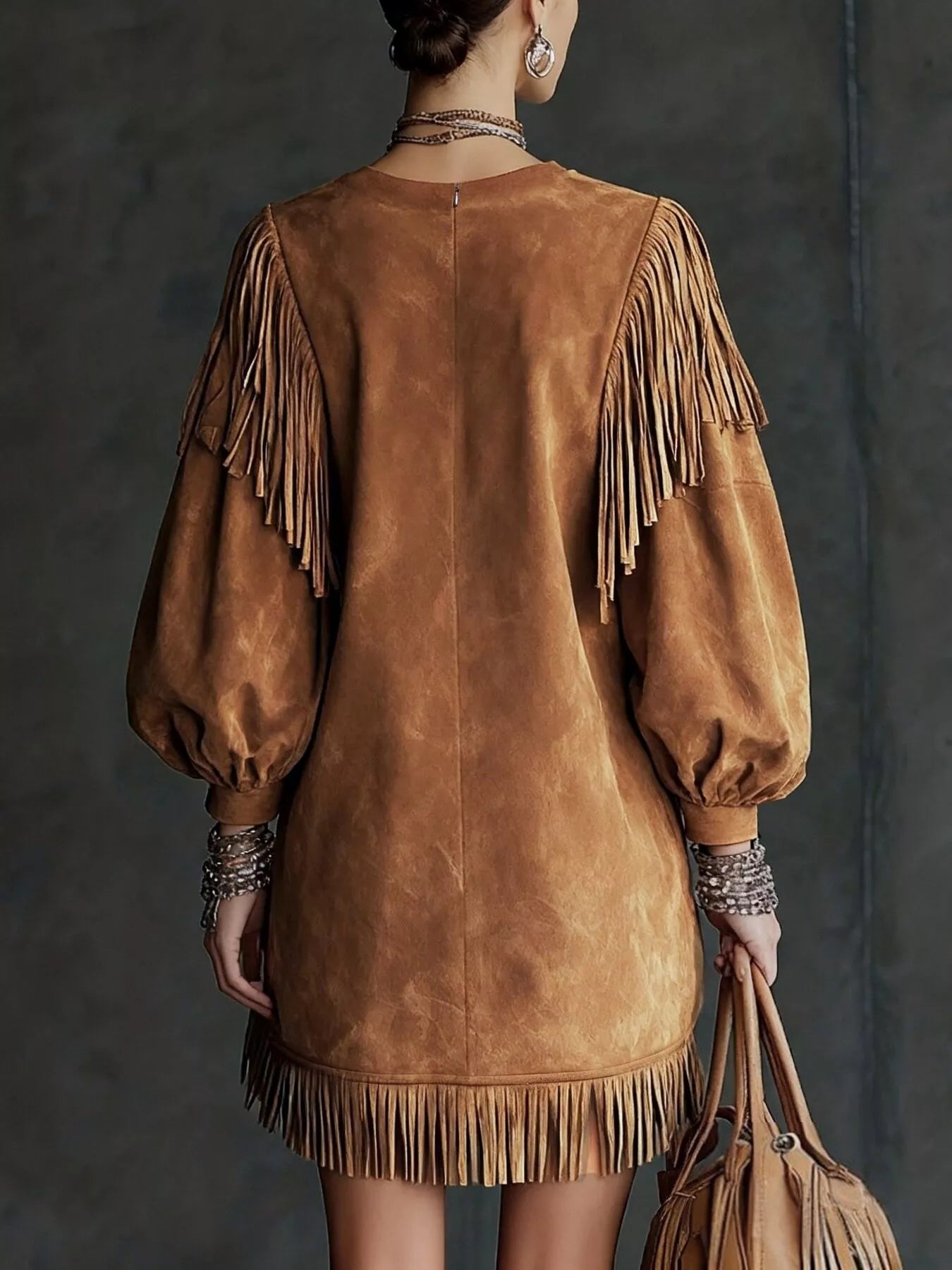 Statement Suede Fringe Lantern Sleeve Mini Dress