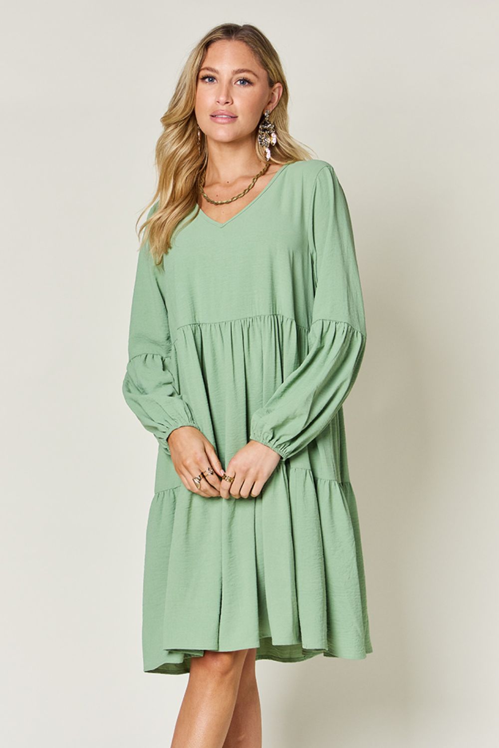 Full Size V-Neck Tiered Balloon Sleeve Dress with Pockets