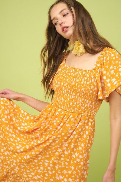 Mittoshop Floral Print Flutter Sleeve Smocked Midi Dress