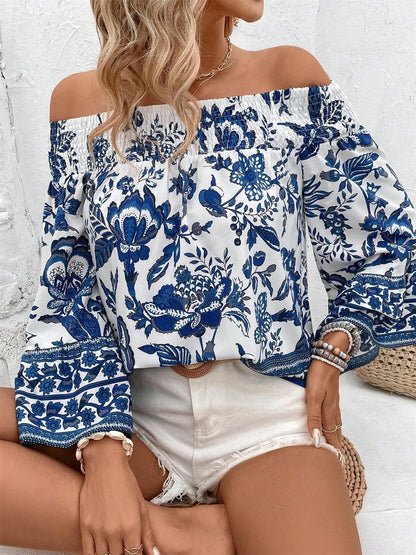 Off-Shoulder Floral Print Blouse Blue