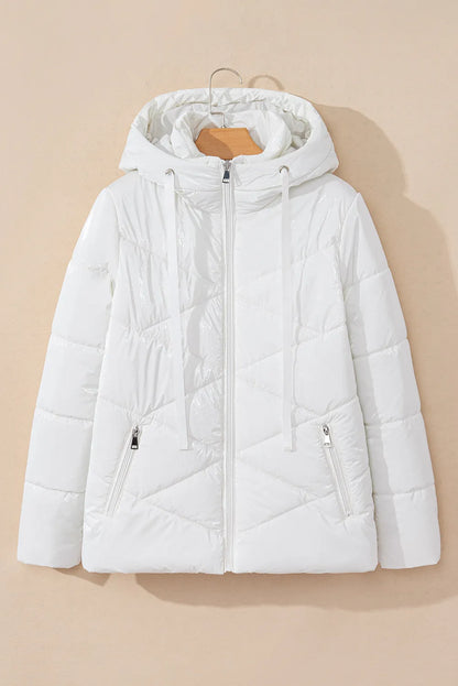 Drawstring Zip-Up Hooded Winter Coat with Pockets