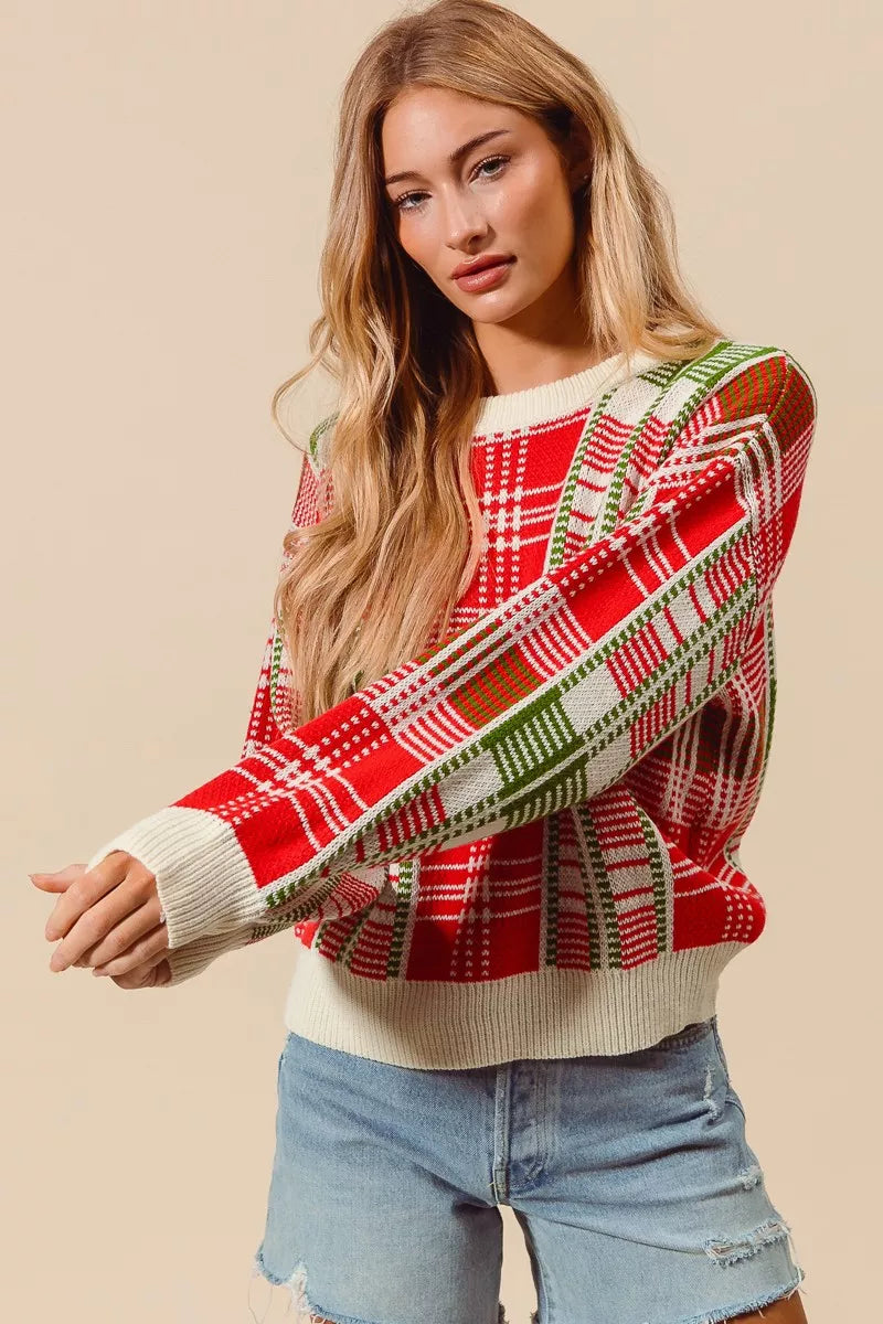SO ME Festive Christmas Checkered Plaid Crew Neck Sweater