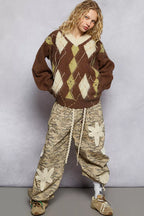 POL Argyle Dreams V‑Neck Mohair Sweater with Contrast Stitch