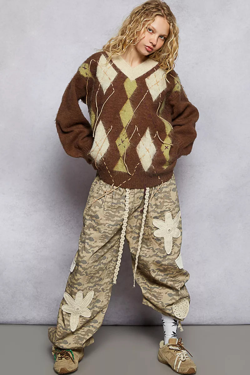 POL Argyle Dreams V‑Neck Mohair Sweater with Contrast Stitch