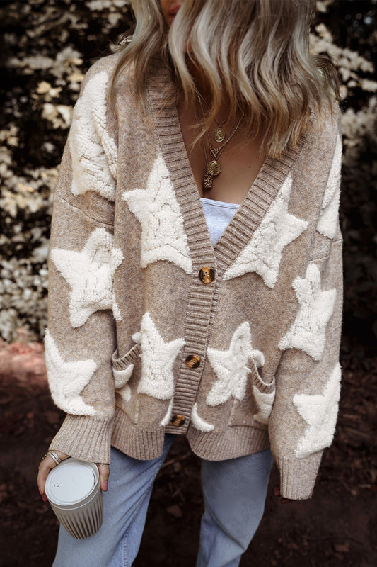 Star Button Up Long Sleeve Cardigan Mocha