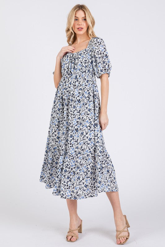 Ces Femme Floral Square Neck Puff Sleeve Midi Dress