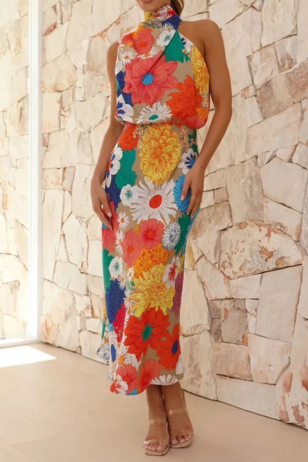 Floral Tie-Back Sleeveless Midi Dress