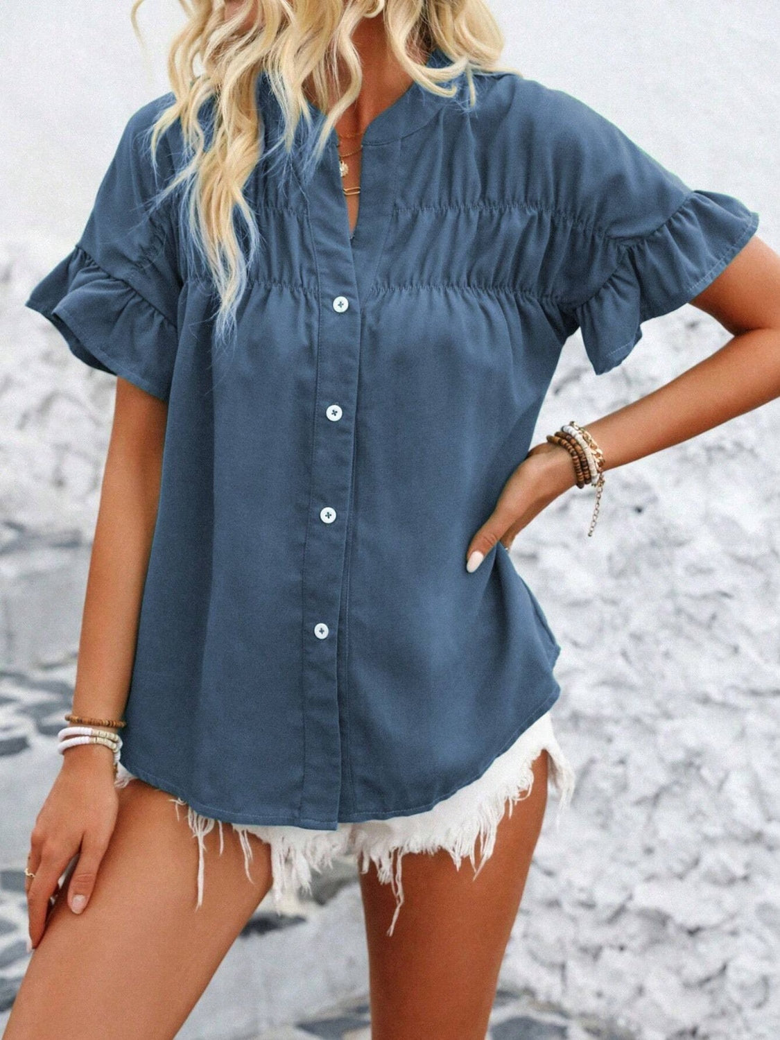 Button Down Ruffled Short Sleeve Shirt - Chic & Elegant