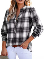 Classic Plaid Half Button Long Sleeve Blouse
