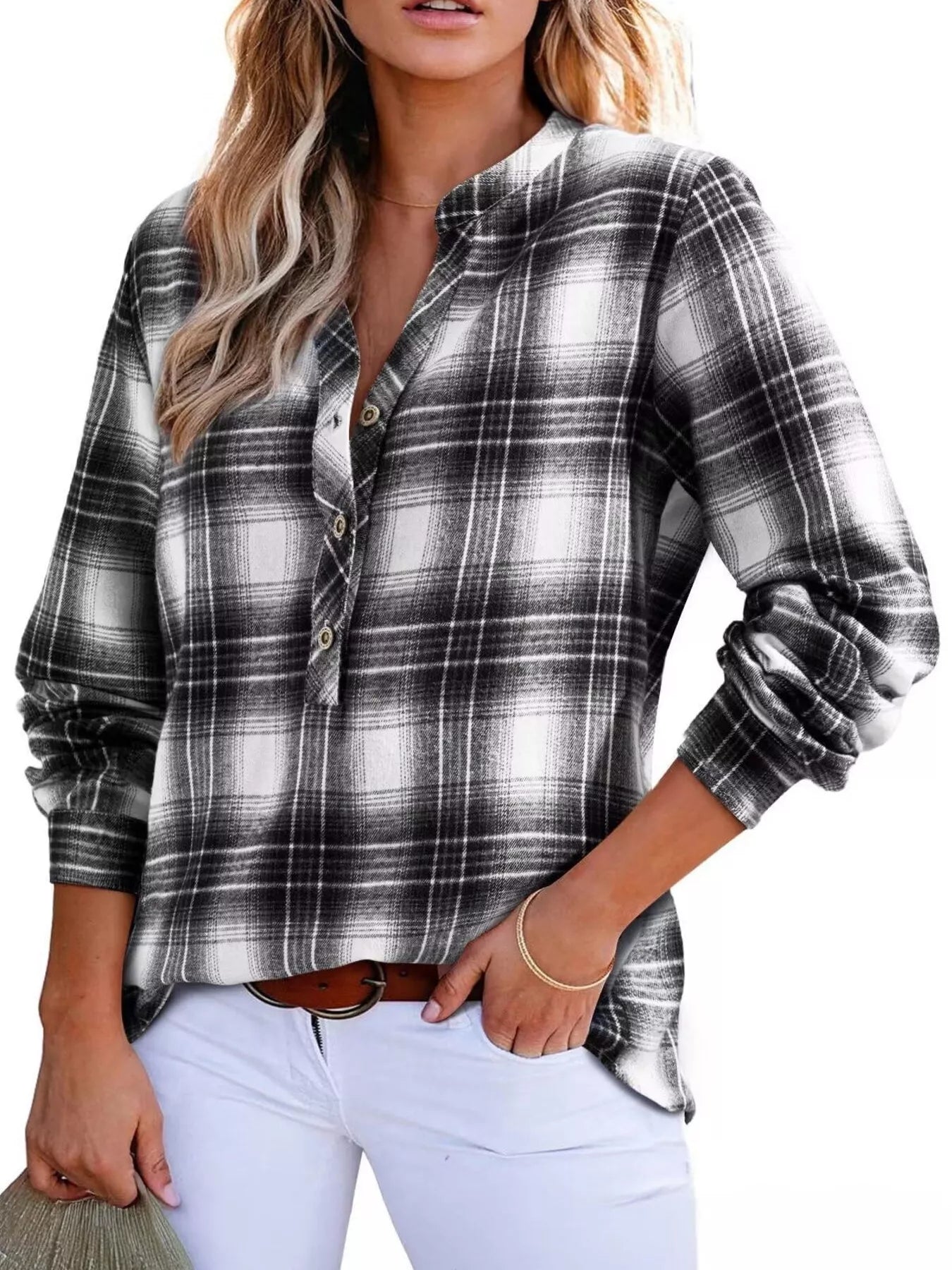 Classic Plaid Half Button Long Sleeve Blouse