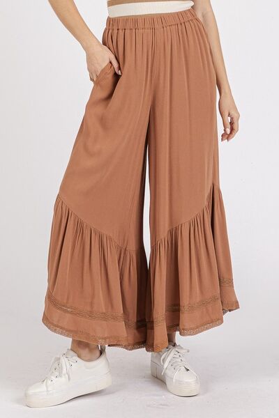 Mittoshop Lace Ruffle Asymmetric Wide-Leg Pants Caramel