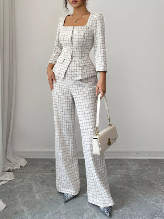 Plaid Square Neck Button-Up Top with Matching Pants Set Eggshell