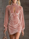 Full-Size Velvet Ruched Flounce Sleeve Mini Dress Pink