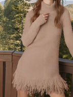 Fringe Detail Turtleneck Long Sleeve Sweater Dress