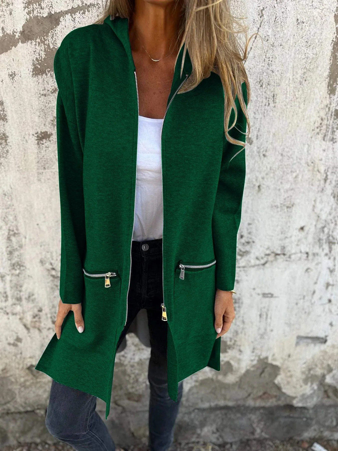 Full-Length Zip-Up Drop-Shoulder Hooded Jacket Dark Green