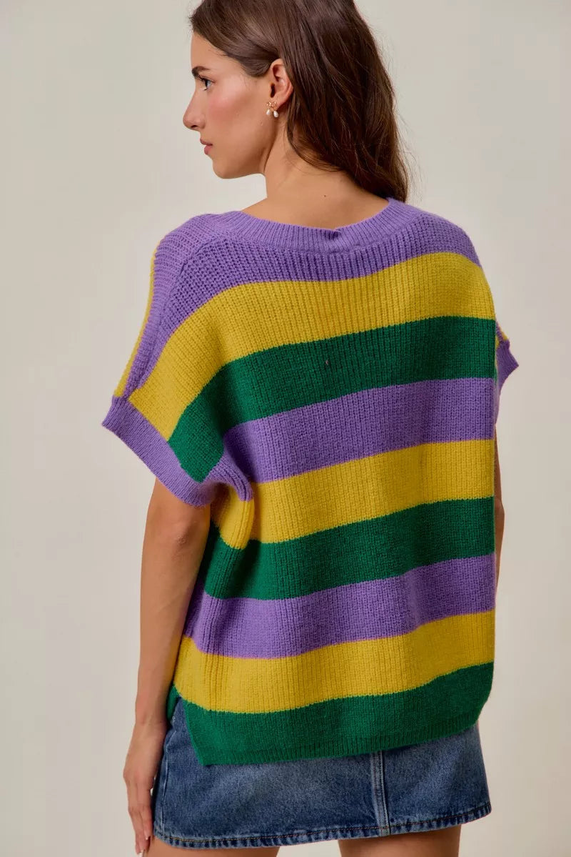 SO ME Mardi Gras Loose-Fit V-Neck Striped Sweater Top