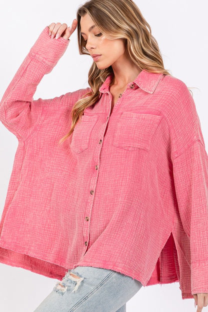 SAGE + FIG Frayed Hem Button-Down Shirt with Side Slits