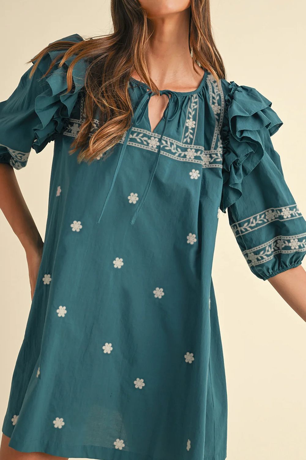 Floral Ruffle Puff Sleeve Mini Dress – Elegant & Chic Turquoise