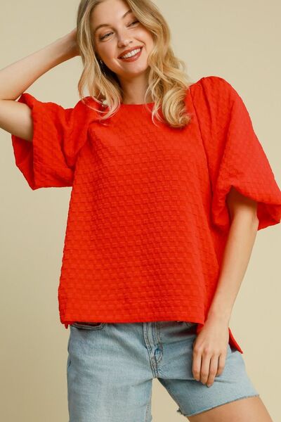 Umgee Boxy Cut Jacquard Top with Side Slit – Chic & Modern Red