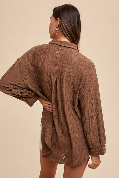 AnnieWear Openwork Button-Down Drop Shoulder Shirt