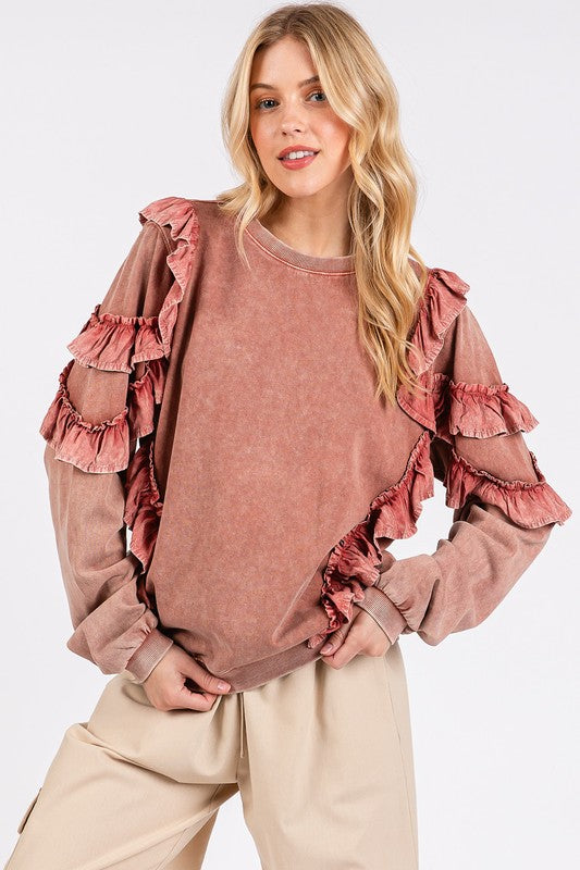 Mittoshop Ruffled Mineral Washed Round Neck Long Sleeve Sweatshirt Antique Rose