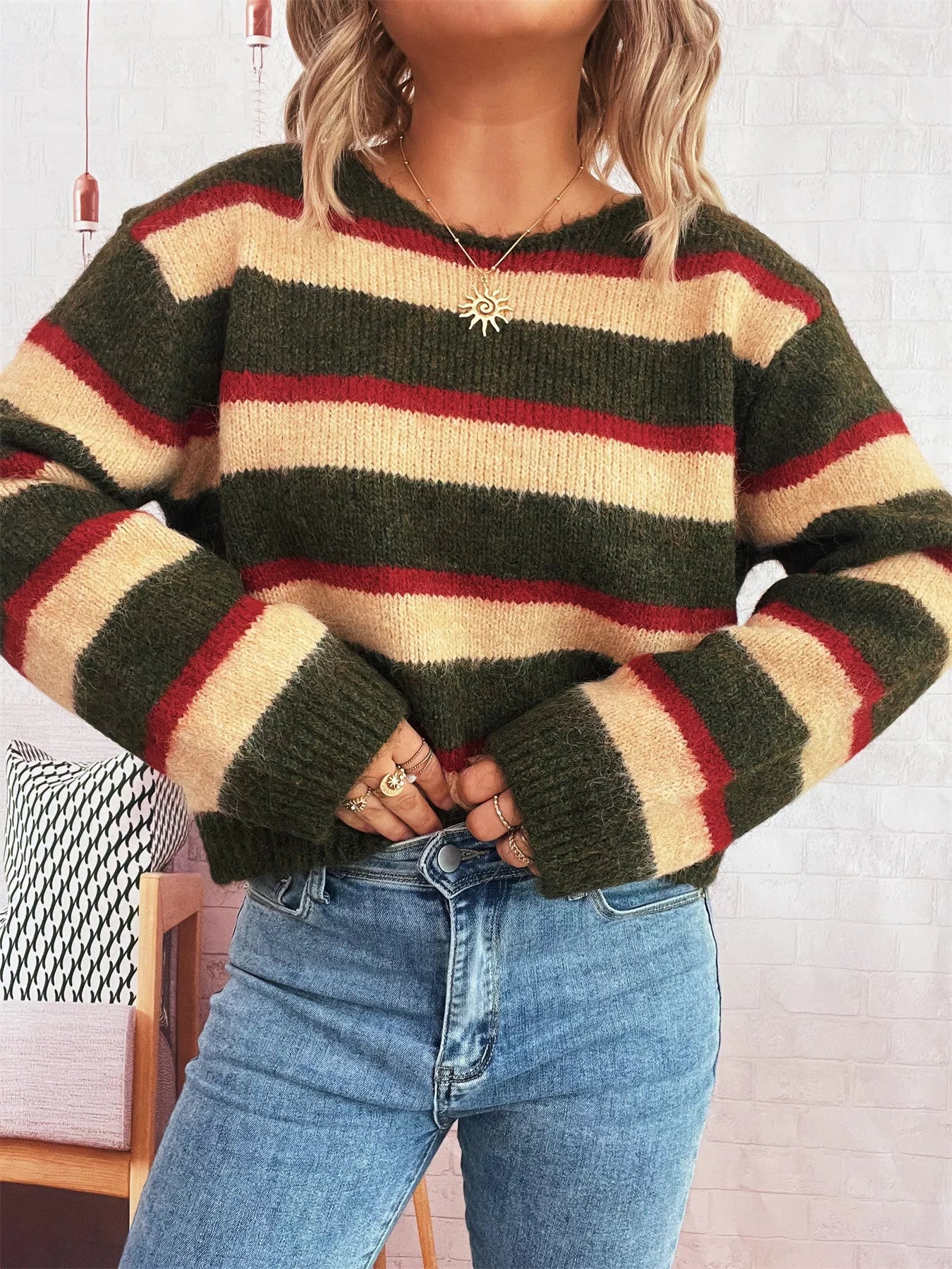 Striped Ribbed Round Neck Long Sleeve Sweater Army Green One size